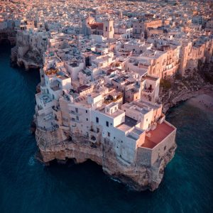 The cliff of Polignano a Mare from a drone view