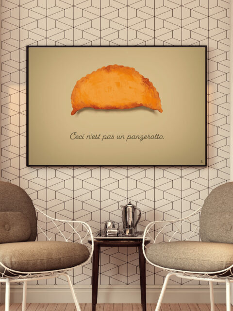 Poster made in puglia raffigurante un panzerotto alla maniera di Magritte realizzato da Roberto Mazzarago