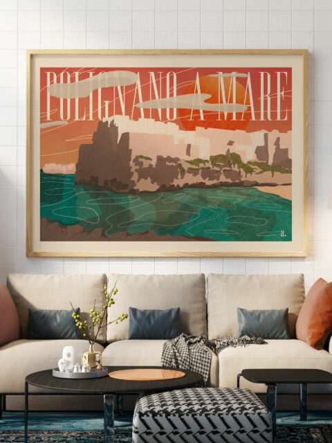 poster puglia rappresentante la scogliera di polignano a mare al tramonto realizzato da roberto mazzarago